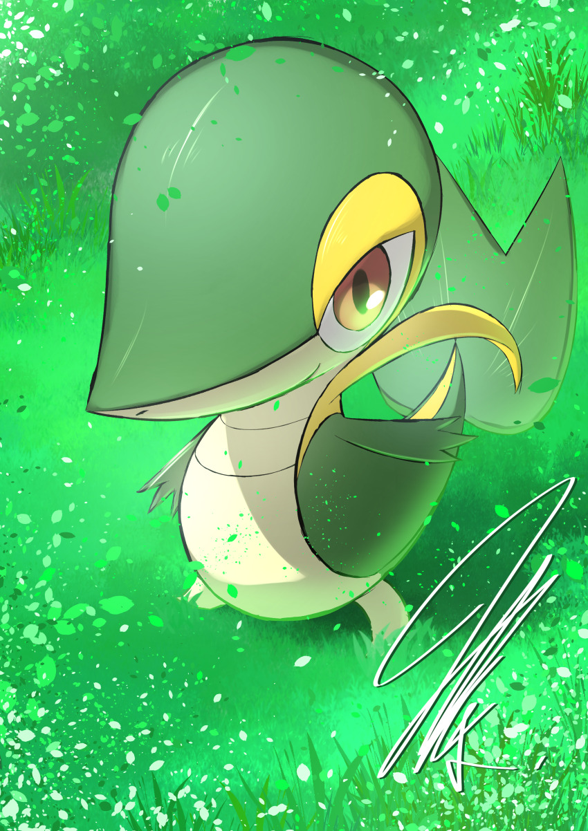 absurdres, brown_eyes, colored_skin, falling_leaves, from_above, gen_5_pokemon, grass, green_skin