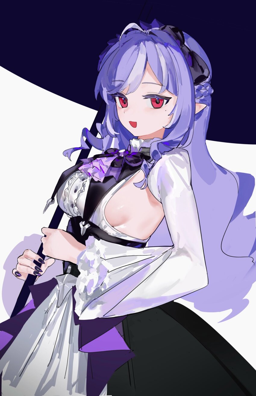 1girl, bbocsean, black_nails, black_skirt, breast_curtains, breasts, fingernails, highres, holding, holding_umbrella, large_breasts, long_fingernails, long_hair, long_sleeves, looking_at_viewer, mole, mole_under_eye, open_mouth, pointy_ears, purple_hair, red_eyes, shirt, sideboob, skirt, smile, solo, umbrella, vivian_banshee, white_background, white_shirt, zenless_zone_zero