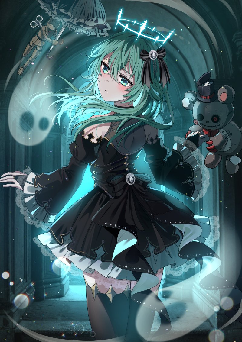 1girl, bare_shoulders, black_dress, black_ribbon, black_thighhighs, blush, chocho_(homelessfox), closed_mouth