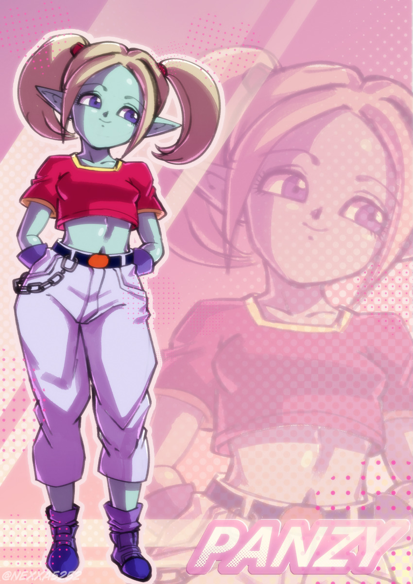 1girl, absurdres, aqua_skin, artist_name, belt, chain, colored_skin, cosplay, crop_top, denim, dragon_ball, dragon_ball_daima, dragon_ball_gt, full_body, gloves, highres, huge_filesize, jeans, loli, midriff, navel, nexxa, pan_(dragon_ball), pan_(dragon_ball)_(cosplay), pansy_(dragon_ball_daima), pants, pointy_ears, purple_eyes, red_shirt, shirt, shoes, smile, standing, twintails, white_hair