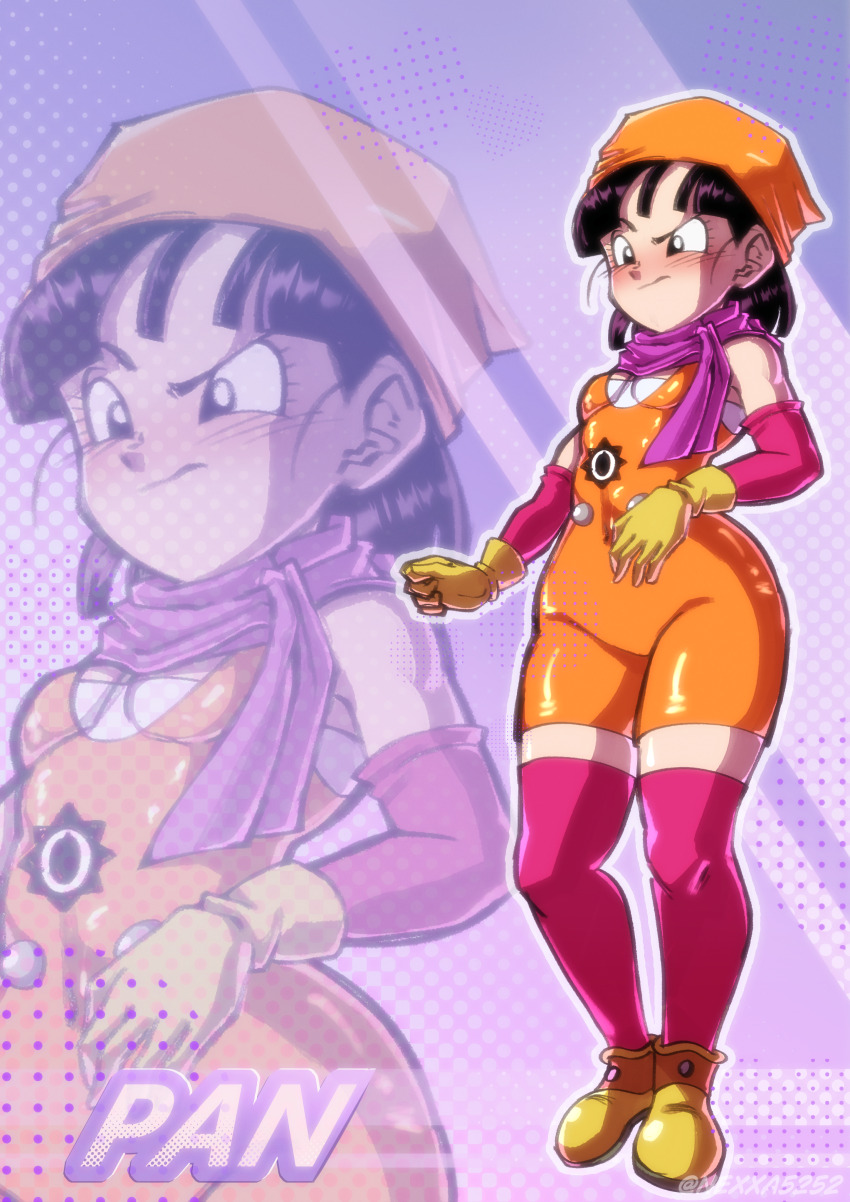 1girl, absurdres, artist_name, bandana, black_hair, blush, cosplay, curvy, detached_sleeves, dragon_ball, dragon_ball_daima, dragon_ball_gt, full_body, gloves, highres, huge_filesize, loli, nexxa, orange_bandana, pan_(dragon_ball), pansy_(dragon_ball_daima), pansy_(dragon_ball_daima)_(cosplay), red_thighhighs, scarf, shoes, short_hair, standing, thick_thighs, thighhighs, thighs, tight_clothes, wide_hips, yellow_gloves, yellow_shoes