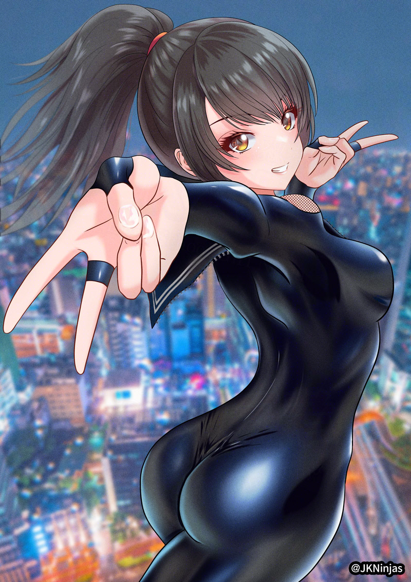 1girl, ass, black_bodysuit, black_hair, black_sailor_collar, blurry, blurry_background, bodysuit