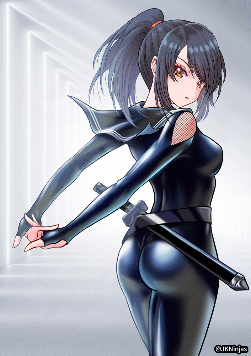 1girl, ass, black_bodysuit, black_hair, black_sailor_collar, bodysuit, bridal_gauntlets, clothing_cutout