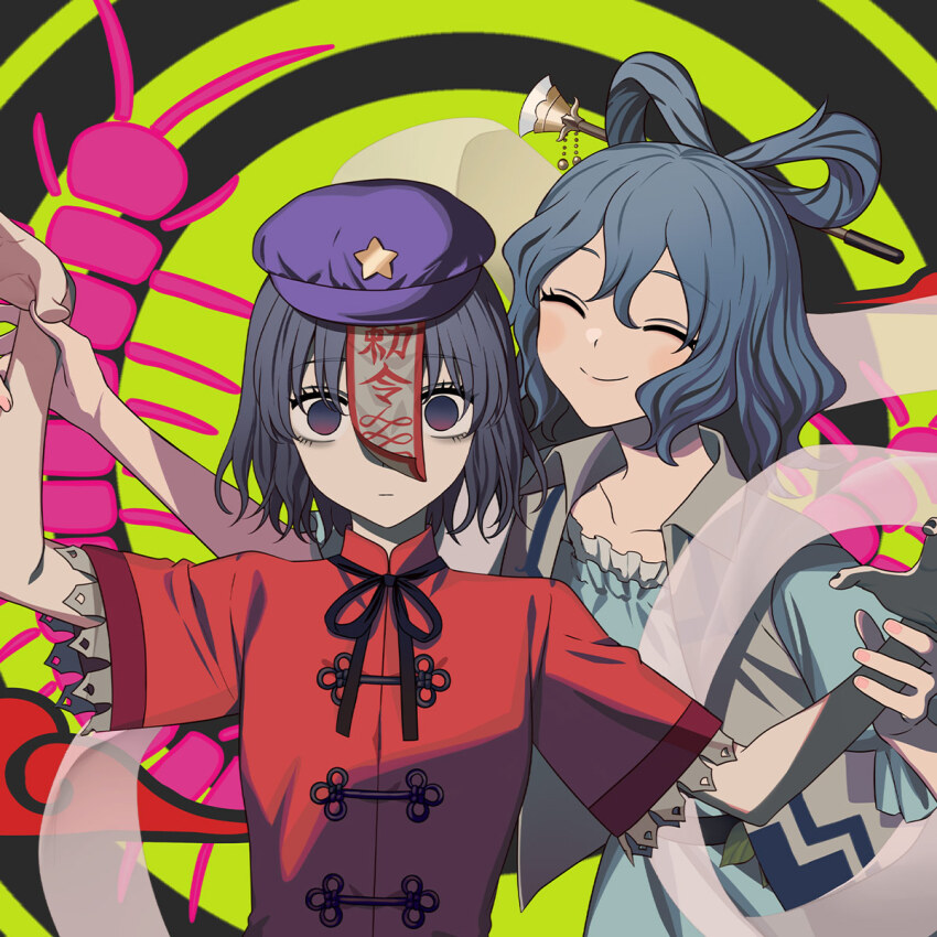 2girls, akatsuki_records, belt, black_background, black_belt, black_hair, black_nails, black_ribbon