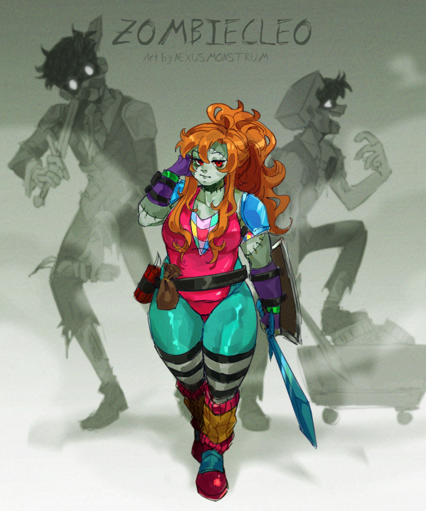 1980s_fashion, 1girl, 2boys, artist_name, breasts, character_name, colored_skin, commentary, english_commentary, explosive, fingerless_gloves, gloves, green_skin, high_ponytail, highres, holding, holding_sword, holding_weapon, large_breasts, leg_warmers, leotard, long_hair, looking_at_viewer, minecraft_sword, minecraft_youtube, monster_girl, multiple_boys, mumbo_jumbo_(youtuber), nexusmonstrum, official_alternate_costume, orange_hair, pink_leg_warmers, pink_leotard, ponytail, red_eyes, skizzleman, solo_focus, standing, stitches, sword, thick_thighs, thighs, traffic_life_series, weapon, wild_life_smp, zombie, zombiecleo, zombiecleo_(hive-dr8)