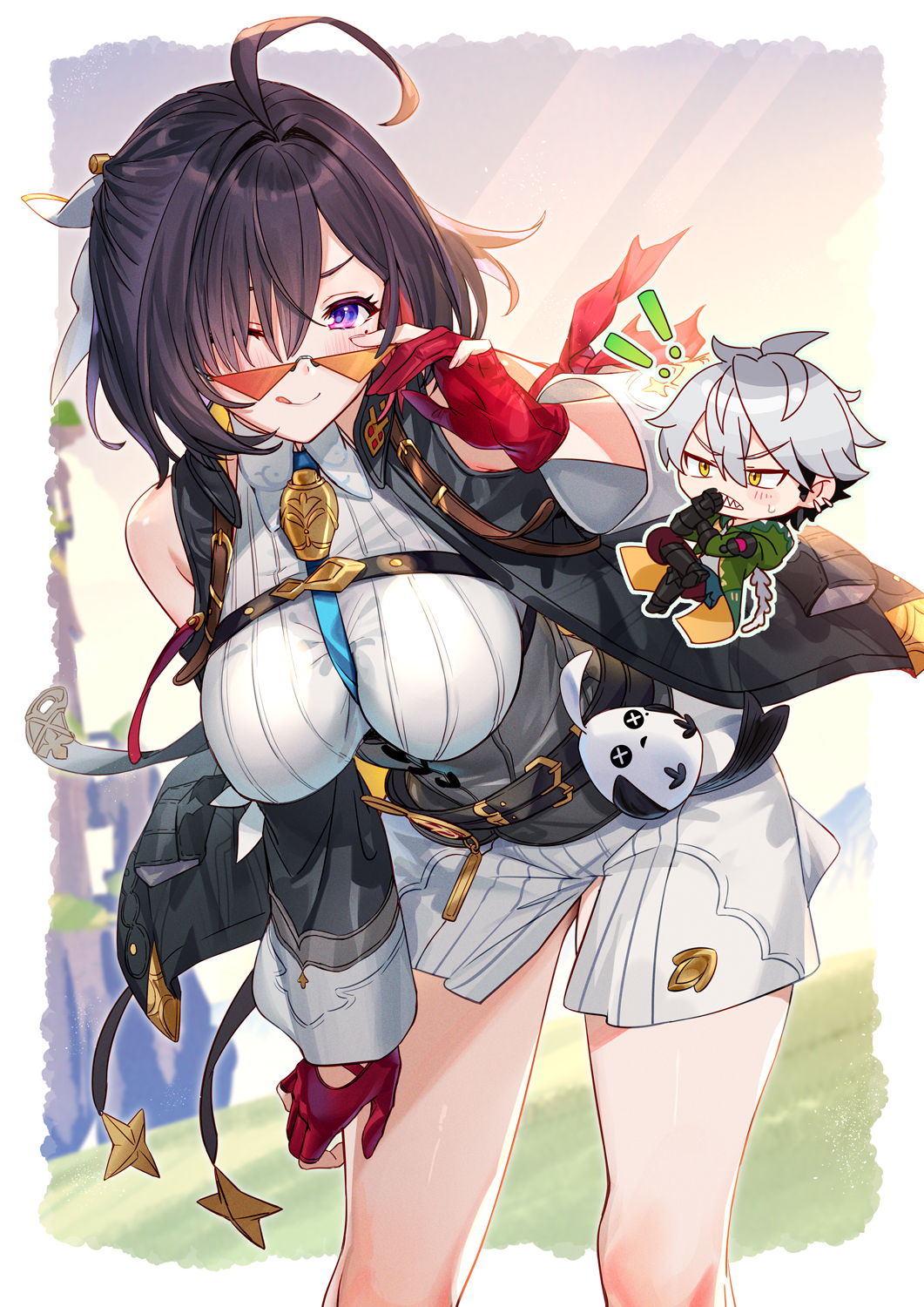 1boy, 1girl, ;q, ahoge, aki663, atelier_(series), atelier_yumia, black_hair