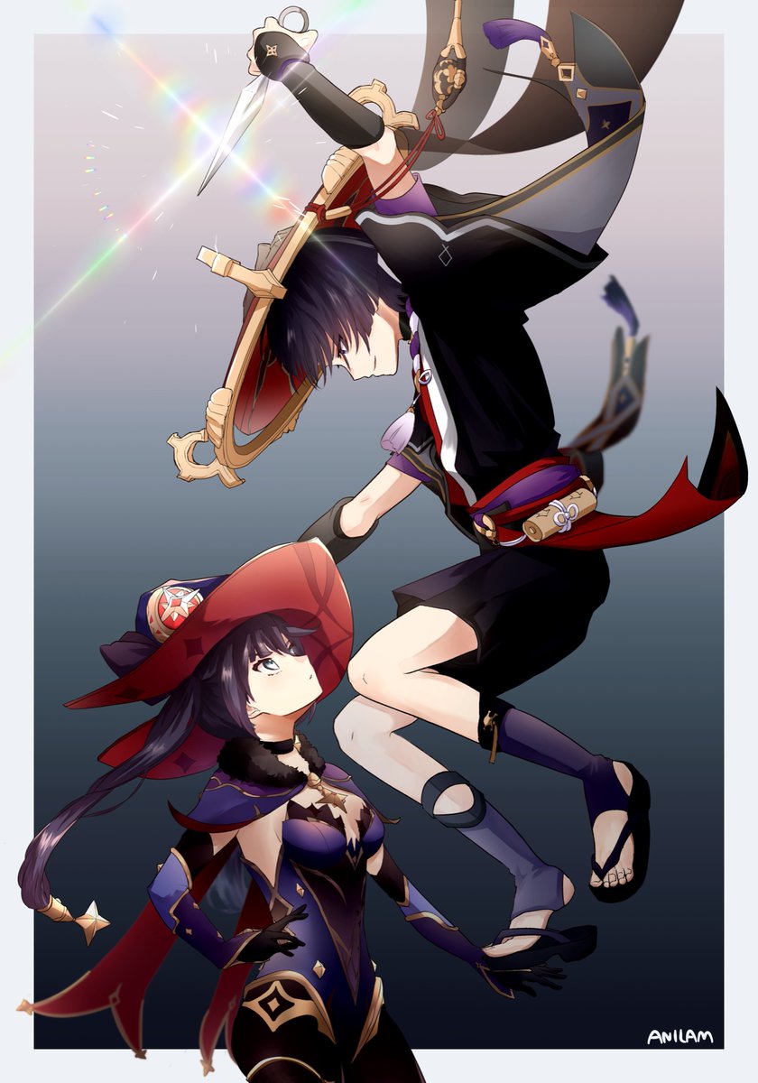 1boy, 1girl, arm_up, armor, arms_at_sides, artist_name, black_bow, black_choker