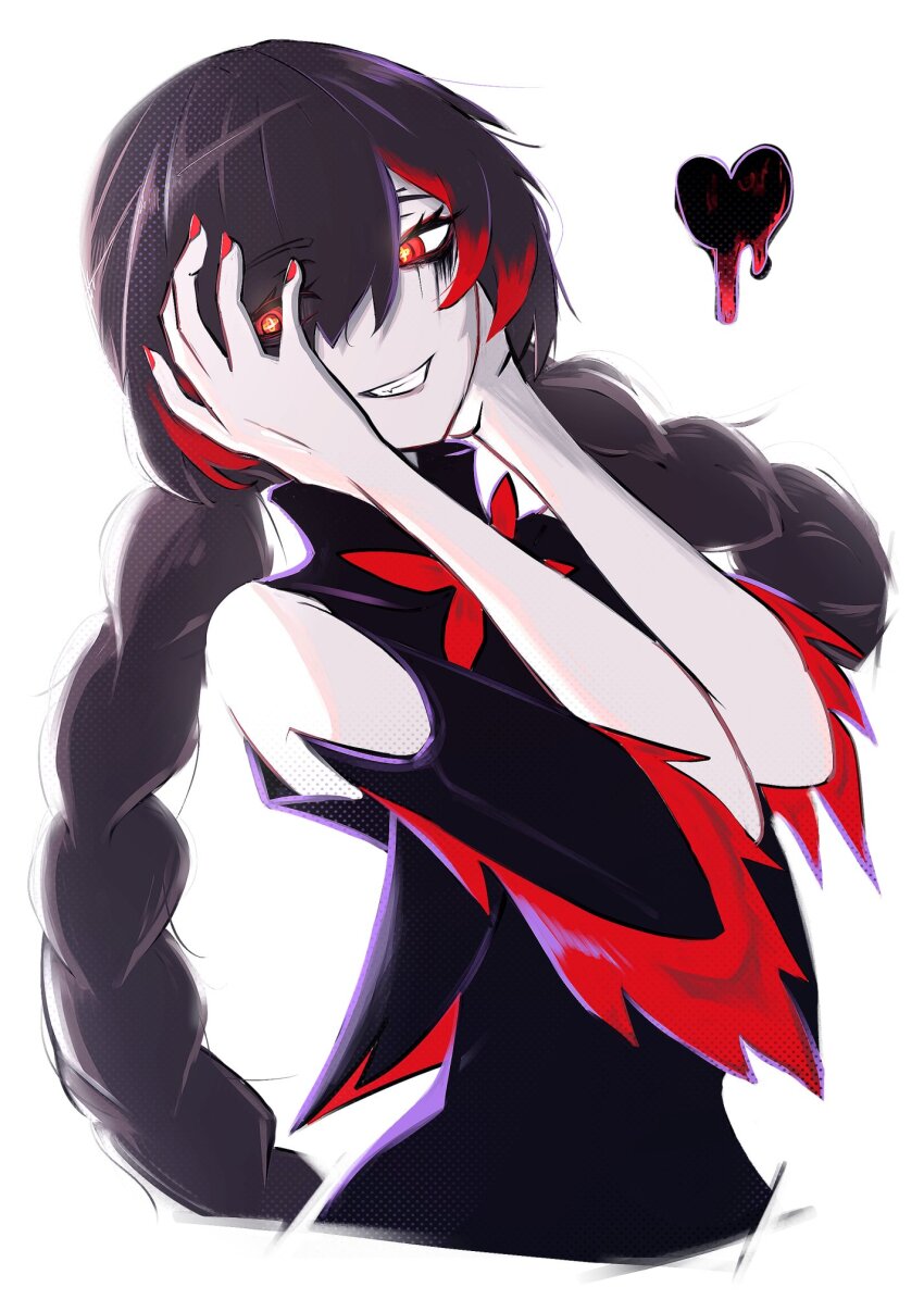 1girl, black_dress, black_hair, braid, clothing_cutout, cradle_(pgr), dress, grin