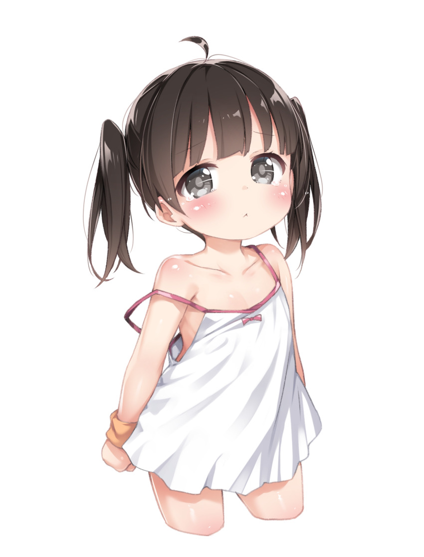1girl, ahoge, bare_shoulders, black_eyes, black_hair, blush, collarbone, commentary_request, dress, flat_chest, grey_pupils, highres, loli, looking_at_viewer, loose_hair_strand, original, simple_background, sleeveless, sleeveless_dress, solo, standing, strap_slip, sundress, tamase_tama, twintails, white_background, white_dress