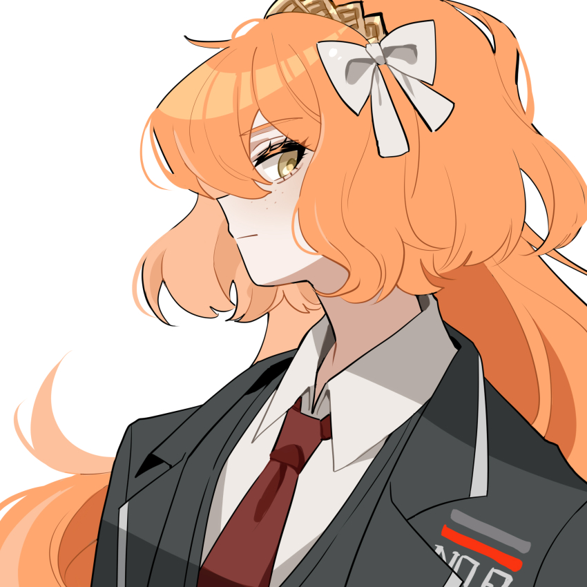 1girl, black_jacket, black_vest, bow, brown_hairband, closed_mouth, collared_shirt, commentary_request