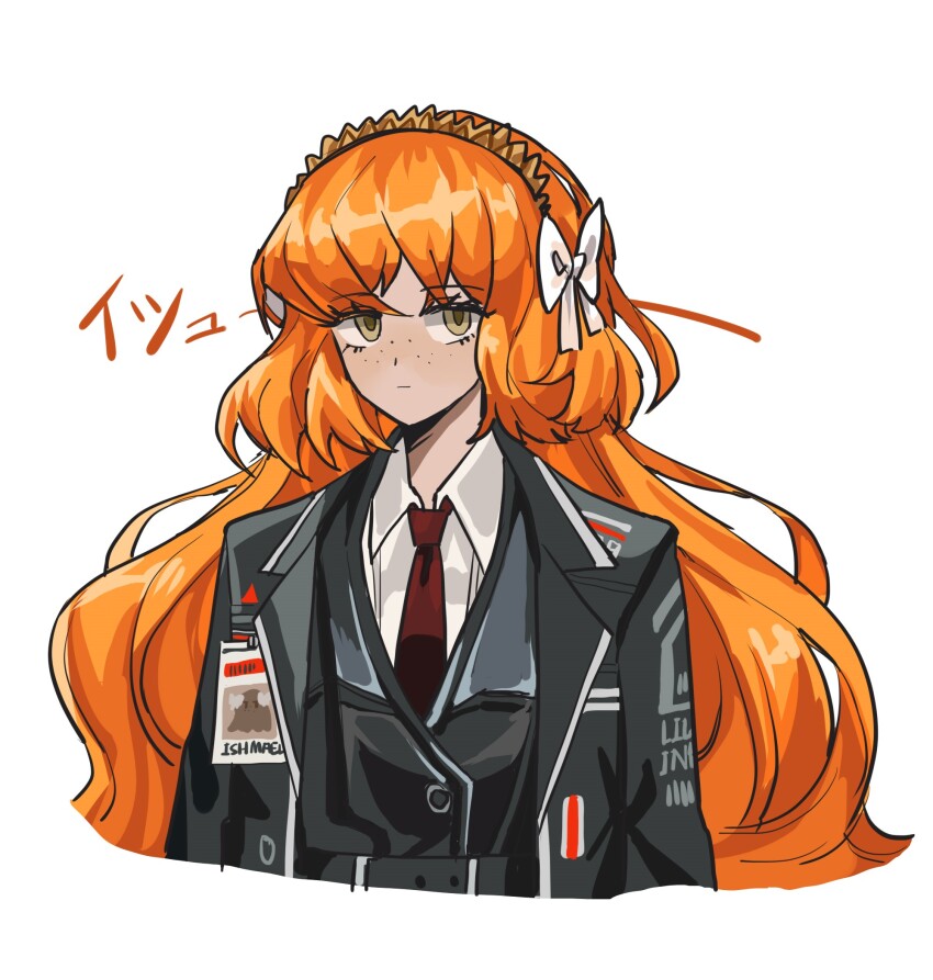 1girl, black_jacket, black_vest, bow, brown_hairband, closed_mouth, collared_shirt, commentary_request