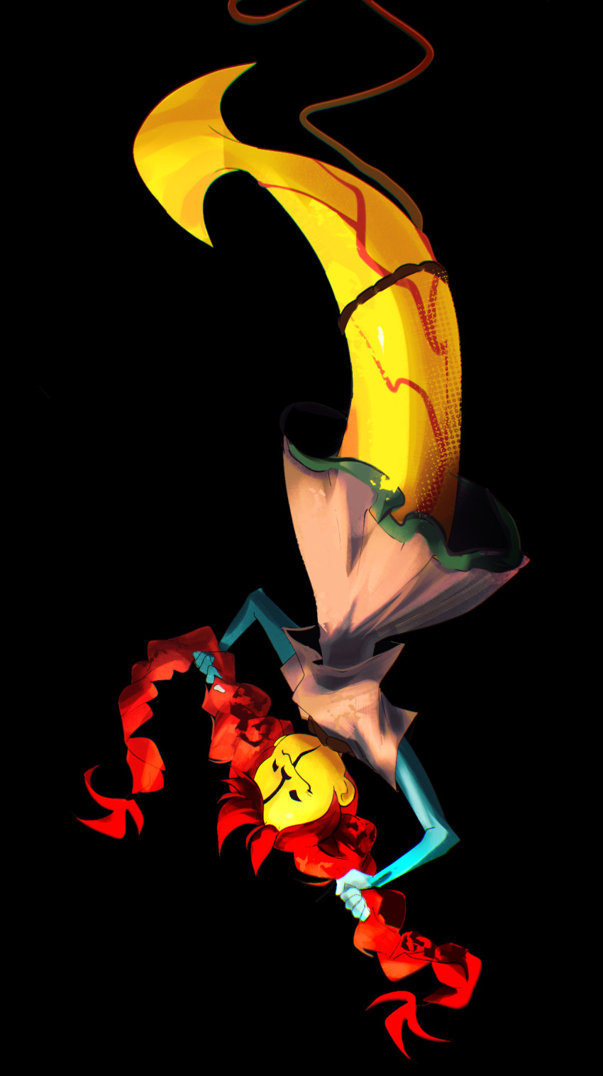 1girl, black_eyes, braid, colored_skin, dress, ena:_dream_bbq, ena_(series), highres, horror_(theme), long_hair, marnie_(marnielovesyou), mitu_(ena), monster_girl, noose, red_hair, rope, short_sleeves, simple_background, smile, tail, twin_braids, upside-down, yellow_skin