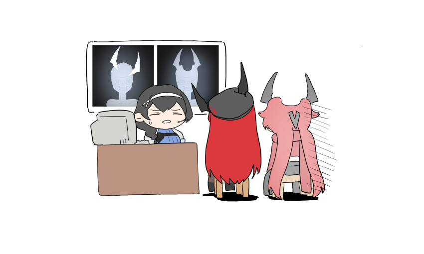 3girls, asymmetrical_horns, beret, black_hair, blue_shirt, chibi, closed_eyes, commentary