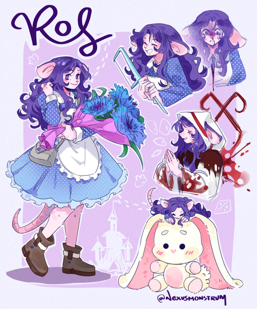 1girl, animal_ears, animification, apron, bag, blood, blue_dress, boots, bouquet, brown_boots, character_name, classic_lolita, cloak, commentary, dress, english_commentary, flower, furry, furry_female, grey_bag, highres, holding, holding_bouquet, hood, hood_up, lolita_fashion, long_hair, minecraft_youtube, mini_person, minigirl, mouse_ears, mouse_girl, mouse_tail, multiple_views, nexusmonstrum, praying, purple_hair, rats_smp, roscumber, shoulder_bag, standing, stuffed_animal, stuffed_rabbit, stuffed_toy, tail, white_apron, white_cloak