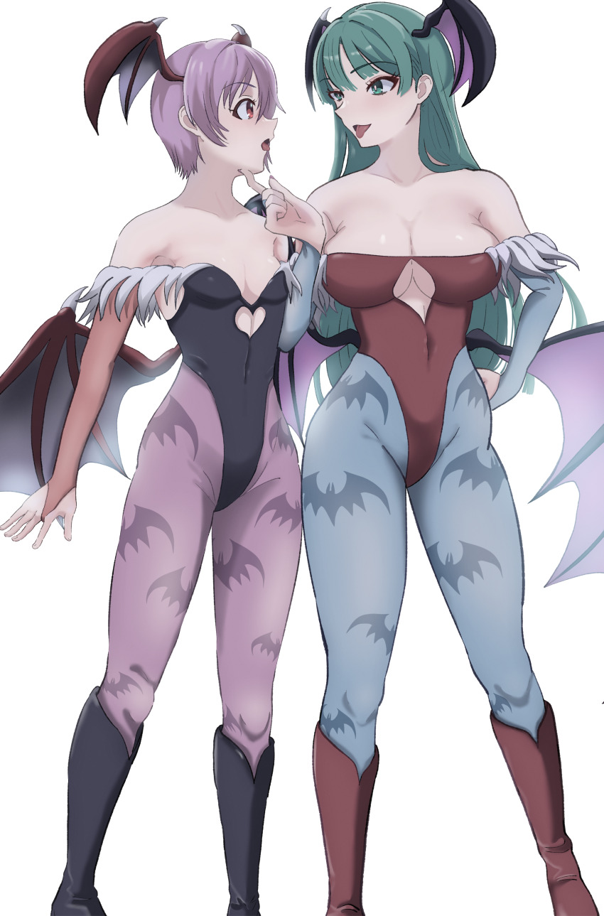 2girls, absurdres, animal_print, bat_print, bat_wings, black_boots, black_leotard, boots, breasts, cleavage, cosplay, costume_switch, darkstalkers, demon_girl, green_eyes, green_hair, head_wings, highres, large_breasts, leotard, lilith_(darkstalkers), lilith_(darkstalkers)_(cosplay), long_hair, morrigan_aensland, morrigan_aensland_(cosplay), multiple_girls, musuhi, purple_hair, red_boots, red_eyes, red_leotard, short_hair, small_breasts, smile, tongue, tongue_out, wings