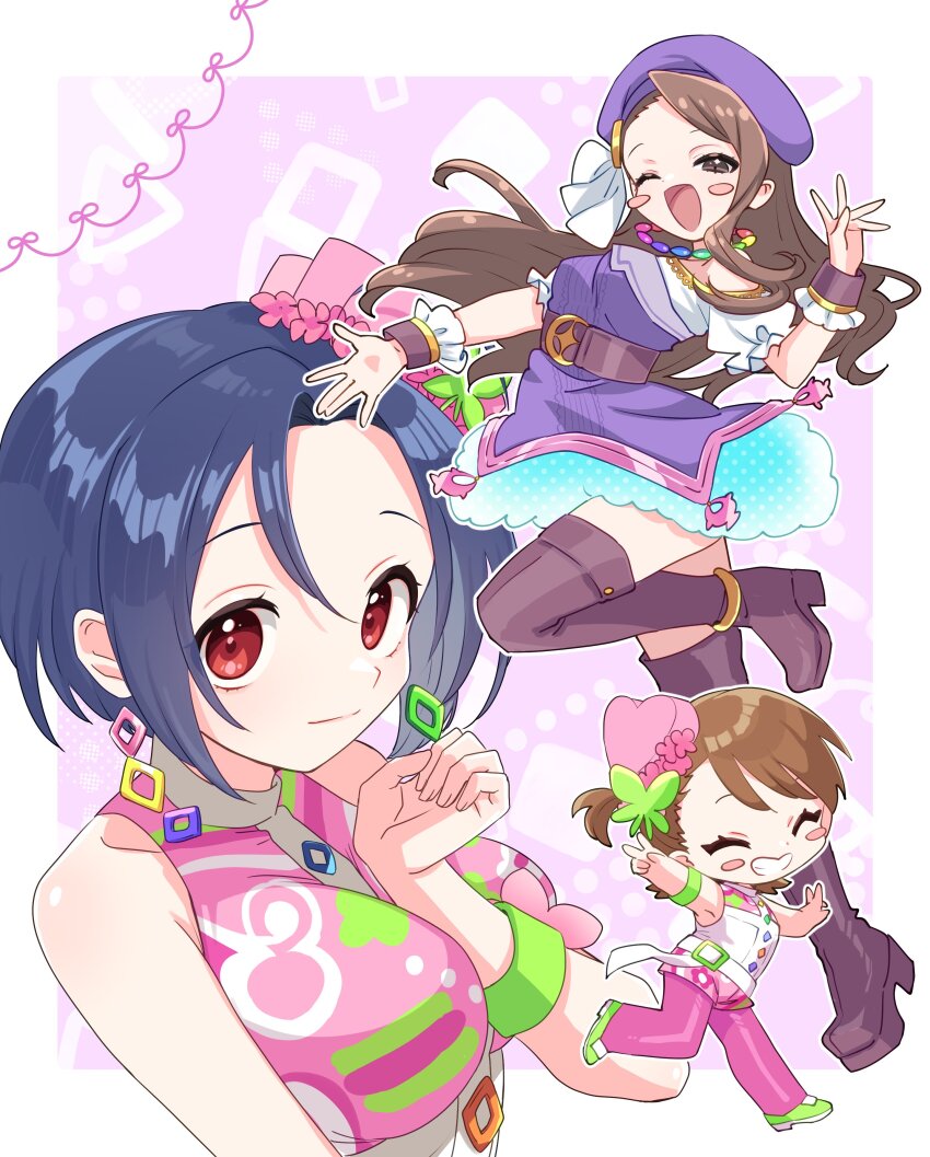 3girls, ;d, ^_^, absurdres, aqua_skirt, arm_between_breasts, asymmetrical_bangs, bare_shoulders, belt, beret, between_breasts, blue_hair, blush_stickers, bob_cut, boots, breasts, brown_eyes, brown_hair, closed_eyes, closed_mouth, collar, dancing, deformed, dot_nose, dress, earrings, foot_up, forehead, frilled_wrist_cuffs, frills, futami_ami, green_shoes, grin, hat, heart-shaped_hat, highres, idolmaster, idolmaster_(classic), idolmaster_million_live!, idolmaster_million_live!_theater_days, jewelry, large_breasts, light_smile, long_hair, looking_at_viewer, medium_hair, minase_iori, miura_azusa, multiple_girls, one_eye_closed, open_mouth, outside_border, palace_of_dragon_(idolmaster), pantyhose, pink_background, pink_hat, pink_pantyhose, pink_shirt, pink_shorts, ponytail, princess_melody_(idolmaster), purple_dress, purple_hat, red_eyes, running, ryuuguu_komachi_(idolmaster), shapes, shirt, shoes, short_hair, short_ponytail, shorts, side_ponytail, simple_background, single_sidelock, skirt, sleeveless, sleeveless_shirt, small_breasts, smile, sukoyaka_(100hituzi), swept_bangs, thigh_boots, v, very_long_hair, white_collar, wrist_cuffs, wristband