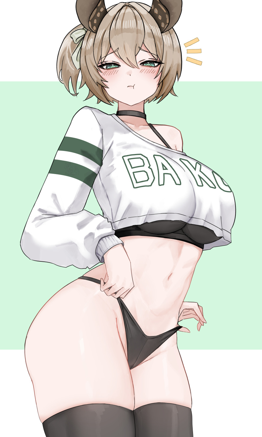 1girl, absurdres, animal_ears, black_bra, black_choker, black_panties, black_thighhighs, blush