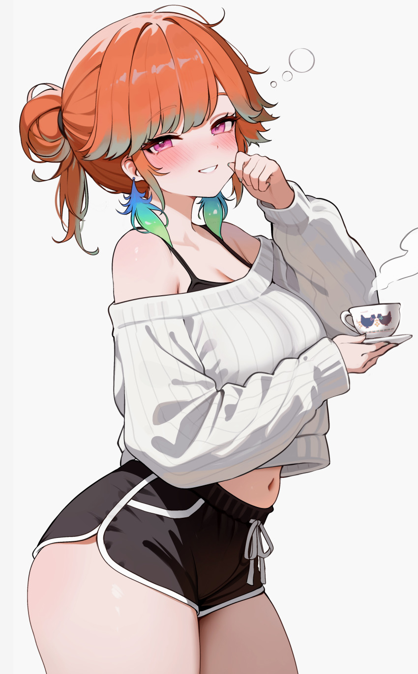 1girl, absurdres, aqua_feathers, bare_shoulders, belly, black_bra, black_shorts, blush, bra, breasts, cleavage, collarbone, commentary, cup, dolphin_shorts, earrings, feather_earrings, feathers, fingernails, gradient_feathers, green_feathers, green_hair, grin, hair_bun, highres, holding, holding_plate, hololive, hololive_english, jewelry, koahri, large_breasts, long_hair, long_sleeves, looking_at_viewer, multicolored_hair, nail_polish, navel, off-shoulder_sweater, off_shoulder, orange_hair, pink_eyes, plate, plump, ponytail, ribbed_sweater, shorts, simple_background, sleeves_past_wrists, smile, solo, stomach, sweater, takanashi_kiara, teacup, thick_thighs, thighs, two-tone_feathers, two-tone_hair, underwear, virtual_youtuber, white_background, white_sweater