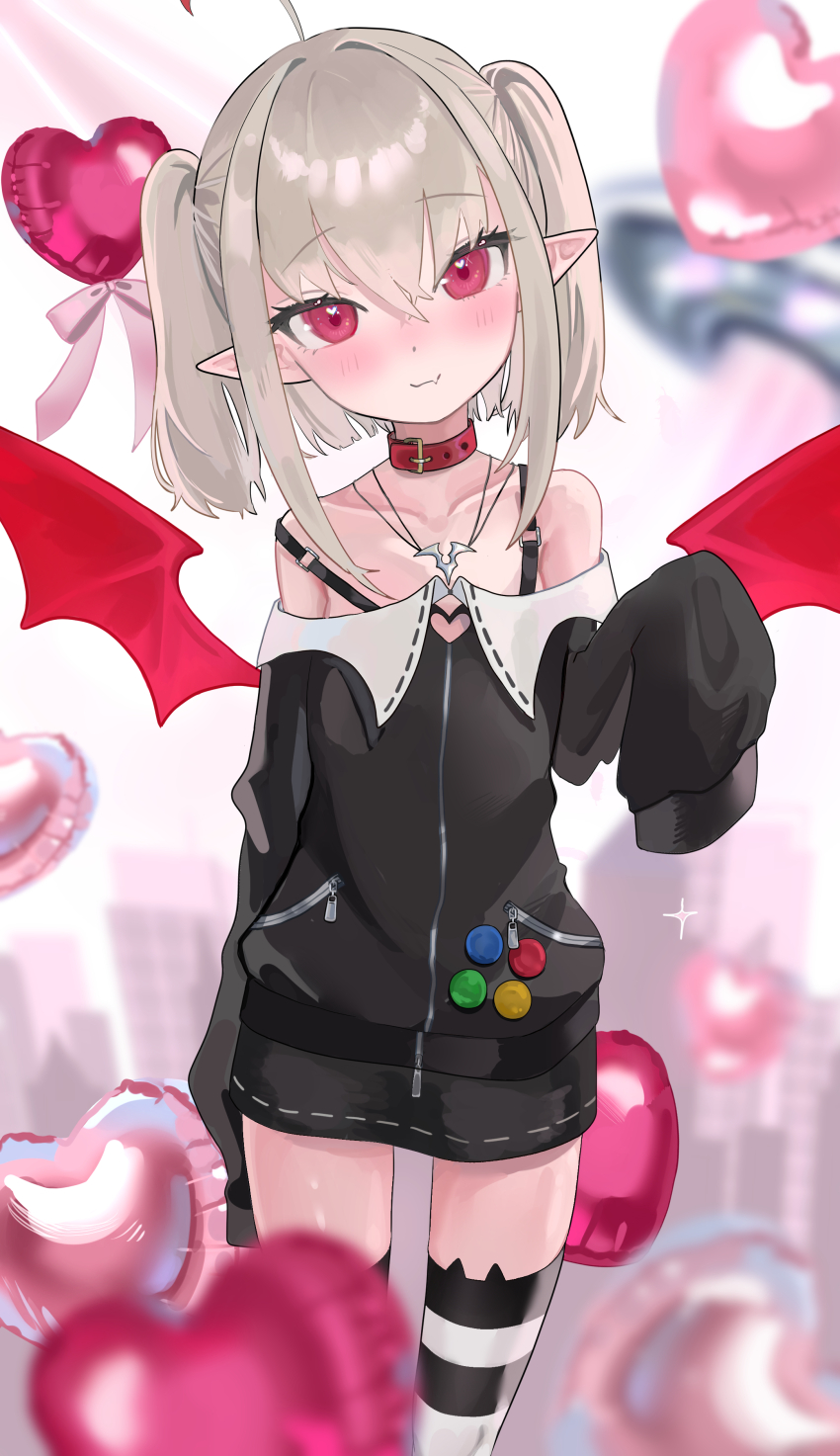1girl, absurdres, ahoge, badge, balloon, bare_shoulders, black_jacket, black_skirt