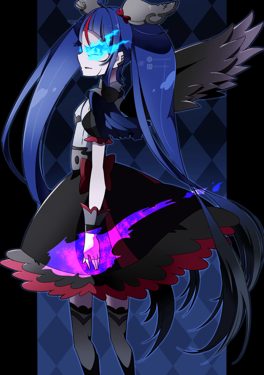 1girl, absurdres, argyle_background, artist_name, black_dress, black_wings, blue_background, blue_eyes