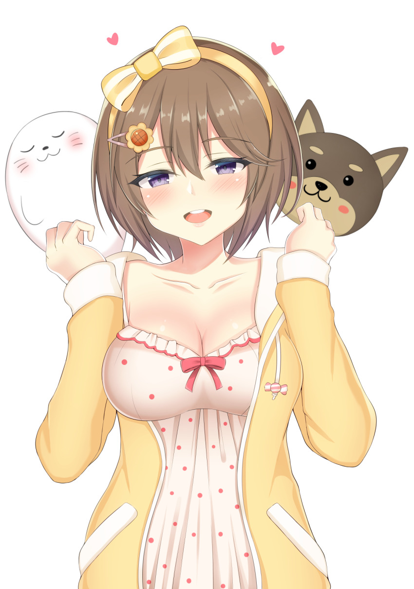 1girl, breasts, brown_hair, cleavage, dog, highres, hinata_yuka, hood