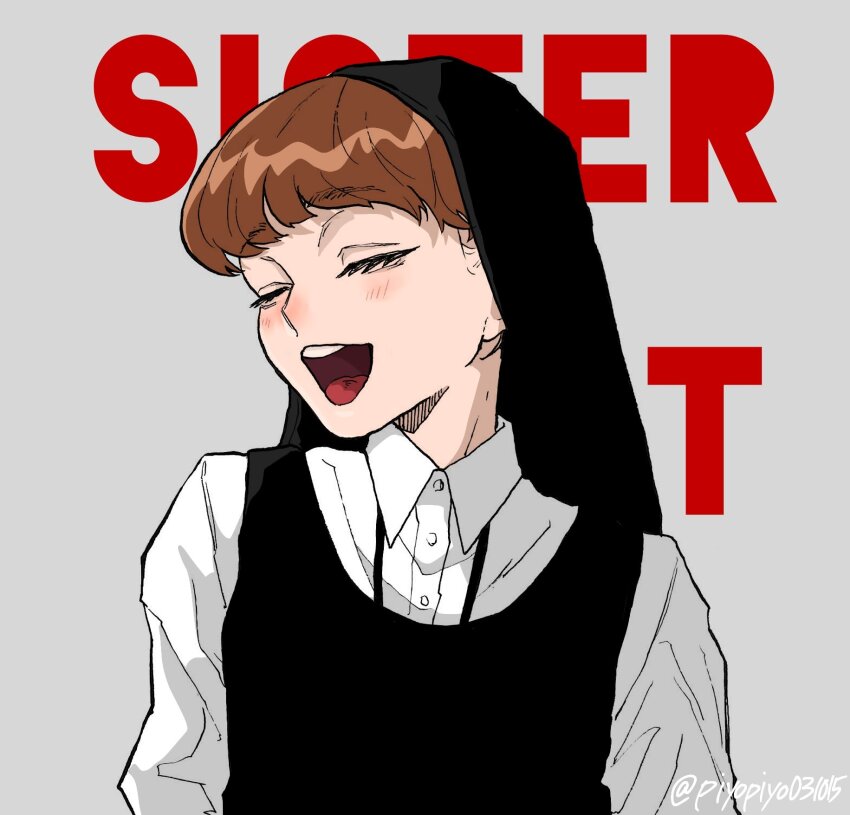 1girl, blush, brown_hair, closed_eyes, collared_shirt, commentary_request, copyright_name, highres, music, nun, open_mouth, piyopiyo031015, shirt, simple_background, singing, sister_act, sister_mary_robert, solo, teeth, twitter_username, upper_body, upper_teeth_only