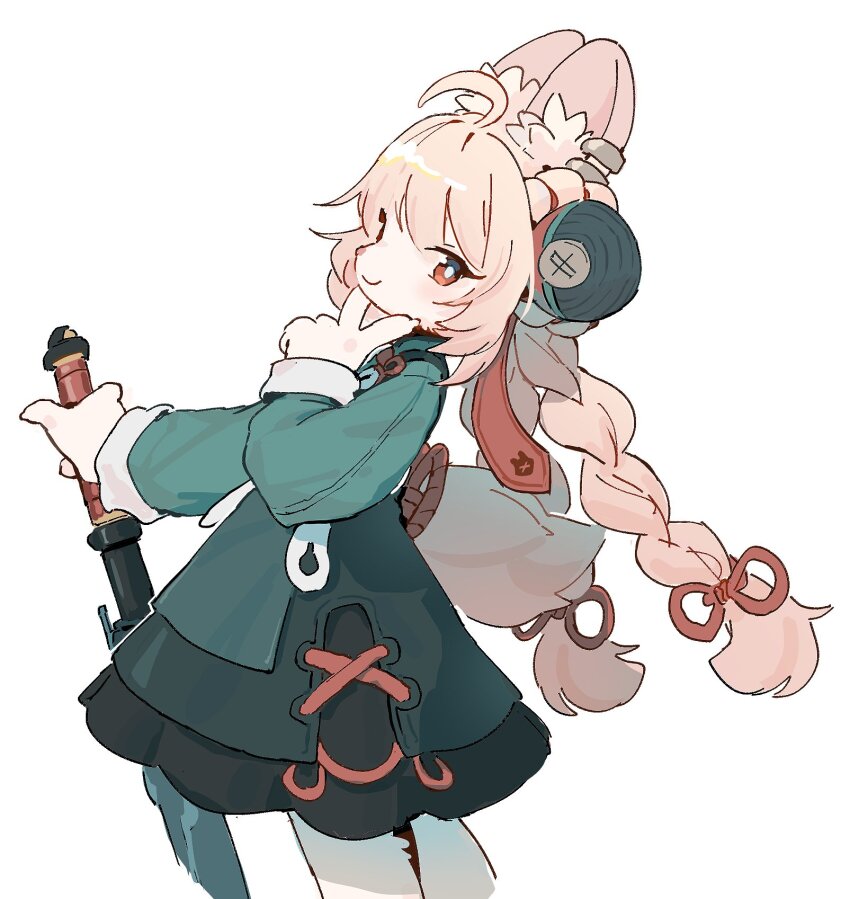 1girl, ahoge, animal_ear_fluff, animal_ears, axe, braid, bright_pupils, dress, ear_piercing, furry, furry_female, highres, holding, holding_axe, holding_weapon, la-ndy, long_hair, long_sleeves, piercing, pink_hair, rabbit_ears, rabbit_girl, rabbit_tail, red_eyes, short_dress, smile, solo, tail, twin_braids, weapon, white_background, white_fur, white_pupils, zenless_zone_zero, zhao_(zenless_zone_zero)