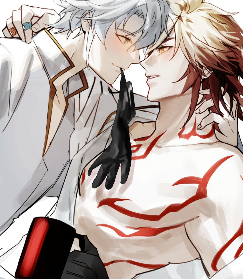 2boys, absurdres, arm_tattoo, black_gloves, blonde_hair, blue_eyes, blush, chest_tattoo