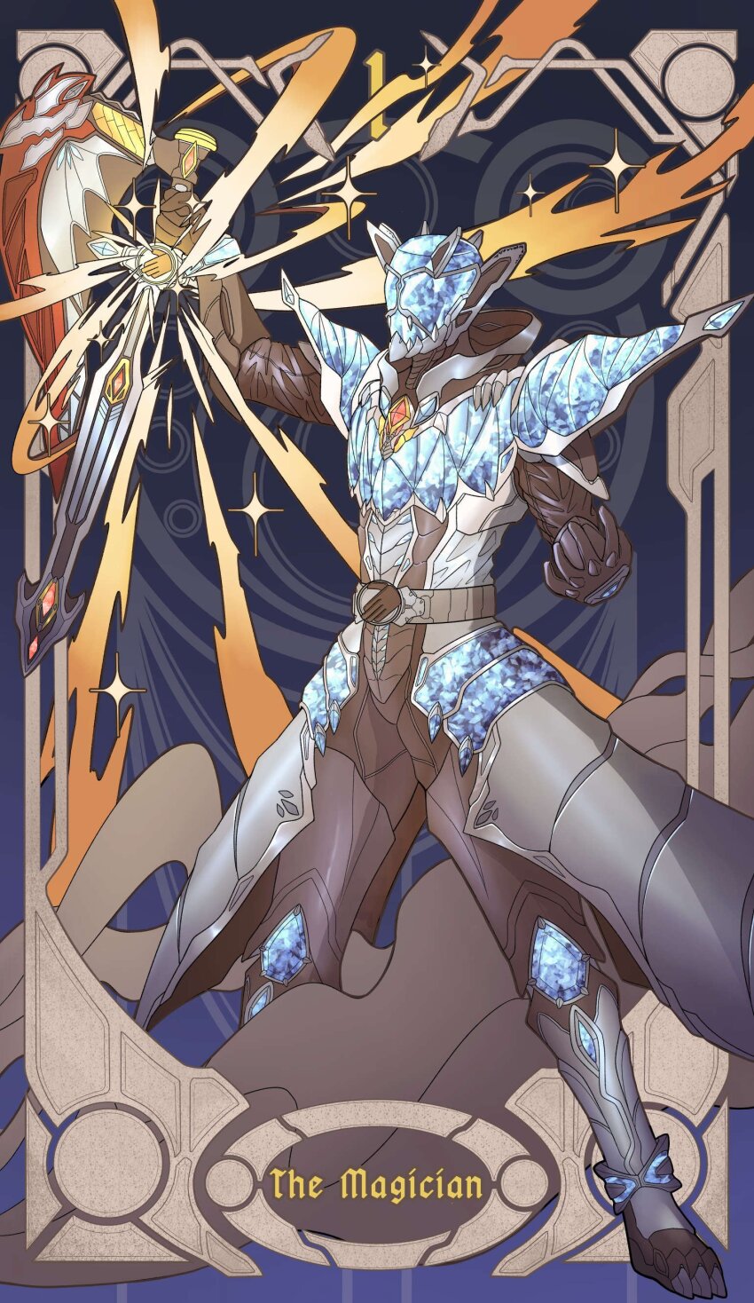 1boy, absurdres, armor, axe, belt, bodysuit, card_(medium), giganticbrush, helmet, highres, holding, holding_weapon, jewelry, kamen_rider, kamen_rider_wizard, kamen_rider_wizard_(infinity_style), kamen_rider_wizard_(series), magic_circle, male_focus, mask, ring, solo, sword, tailcoat, tarot, tarot_(medium), the_magician_(tarot), tokusatsu, weapon, wizard_ring, wizardriver