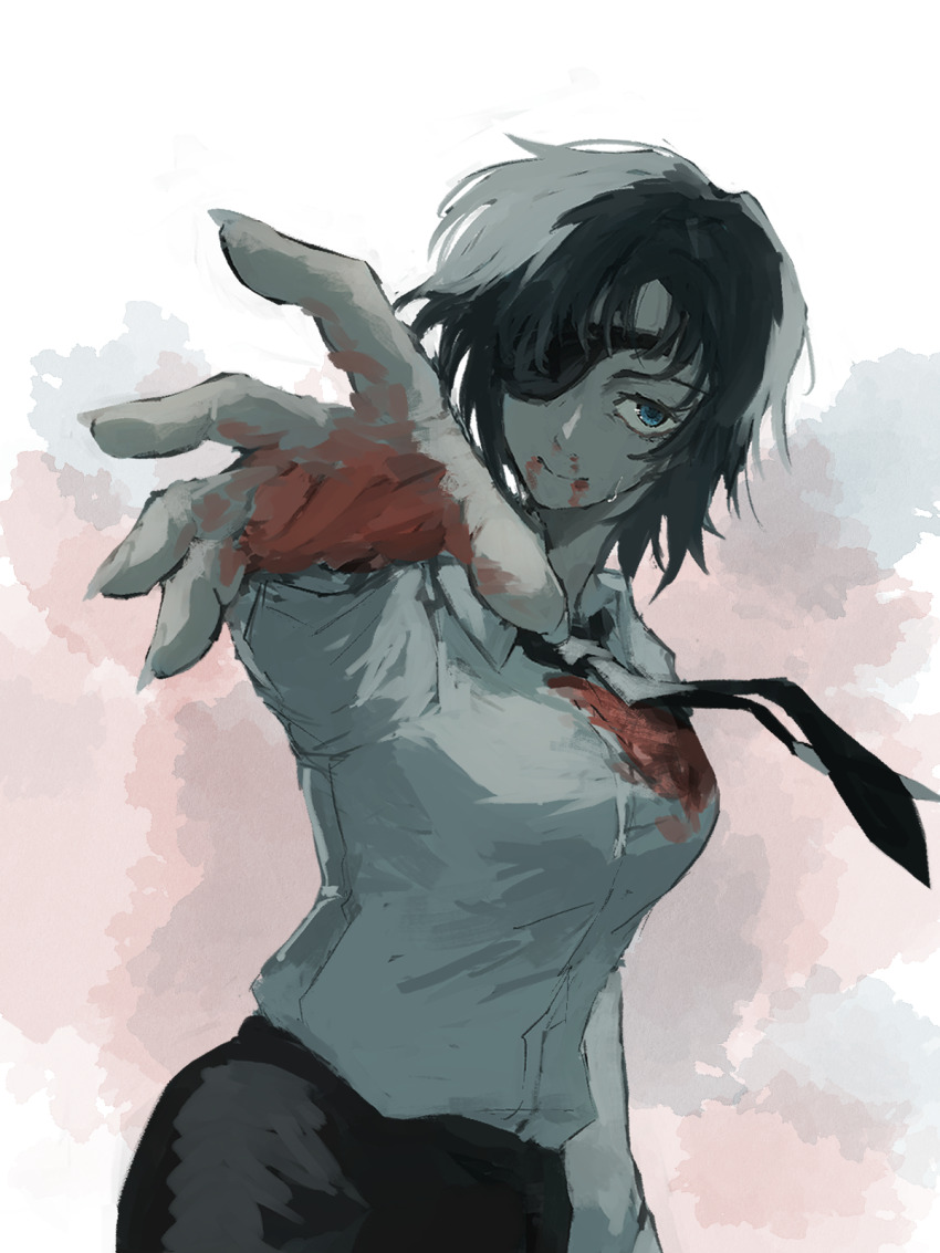 1girl, black_hair, black_necktie, black_pants, blood, blood_on_clothes, blood_on_hands, blue_eyes