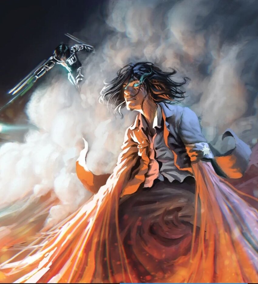 1boy, 1girl, aqua_eyes, black_hair, commentary, eren_yeager, facial_hair, glowing