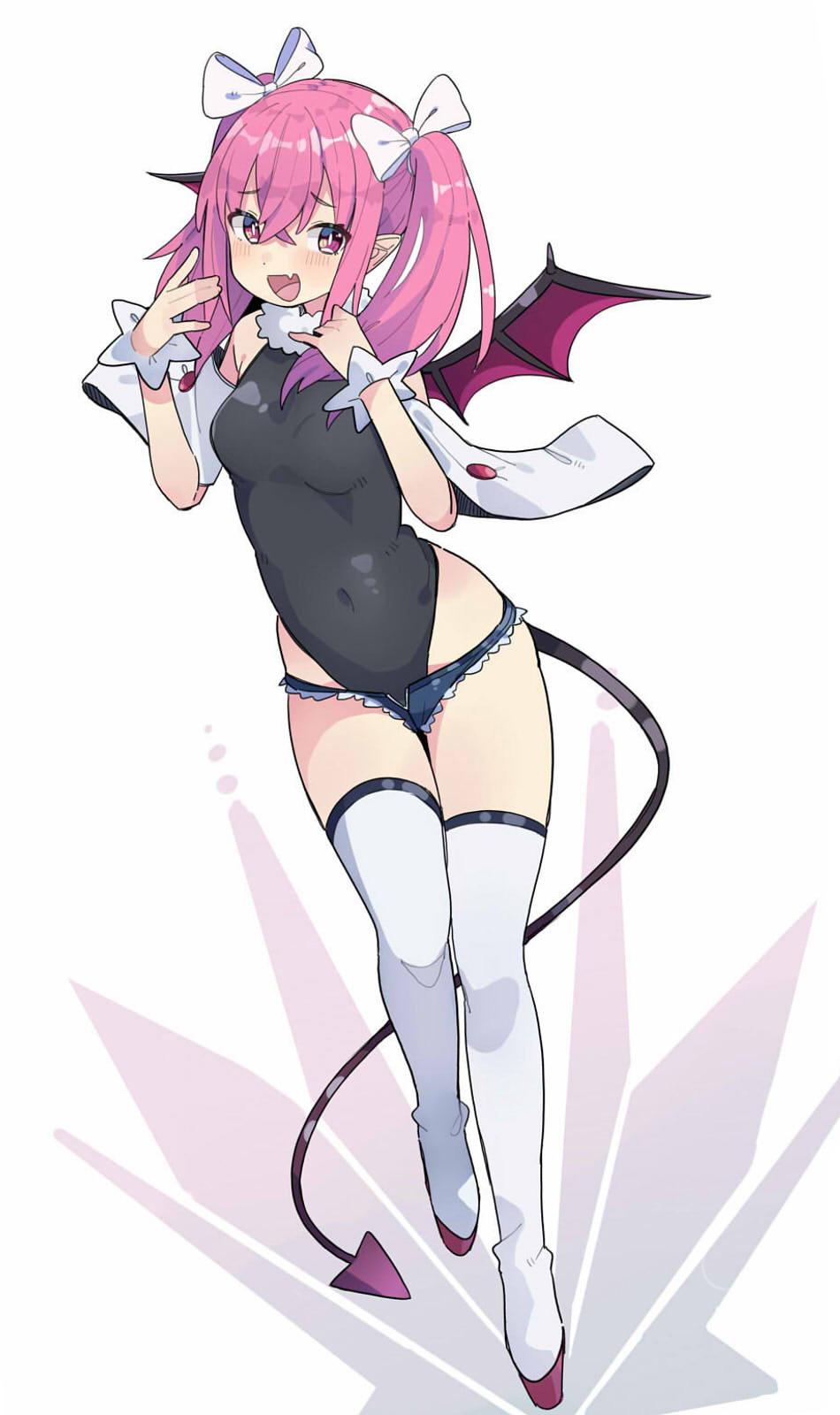 1girl, bat_wings, black_leotard, blue_shorts, breasts, bright_pupils, commentary_request, demon_tail