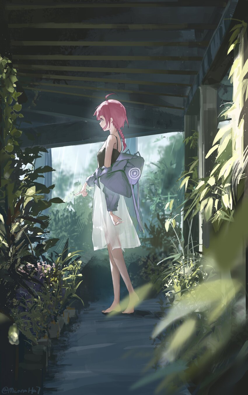 1girl, absurdres, ahoge, barefoot, black_camisole, blunt_bangs, braid, braided_ponytail