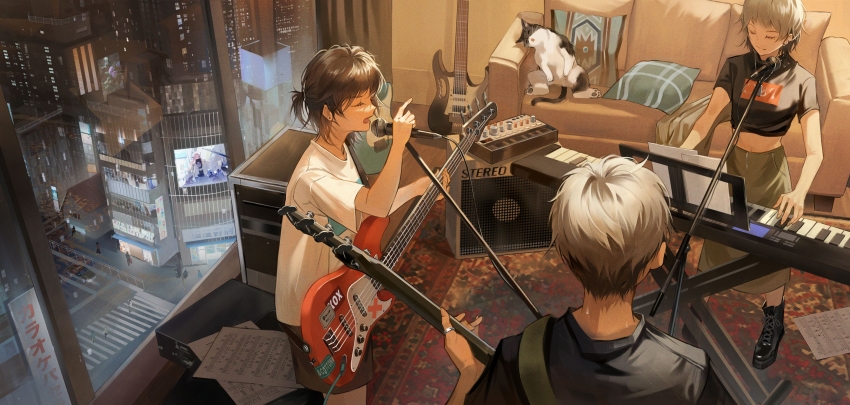 1boy, 2girls, amplifier, black_boots, black_shirt, boots, cat, closed_eyes