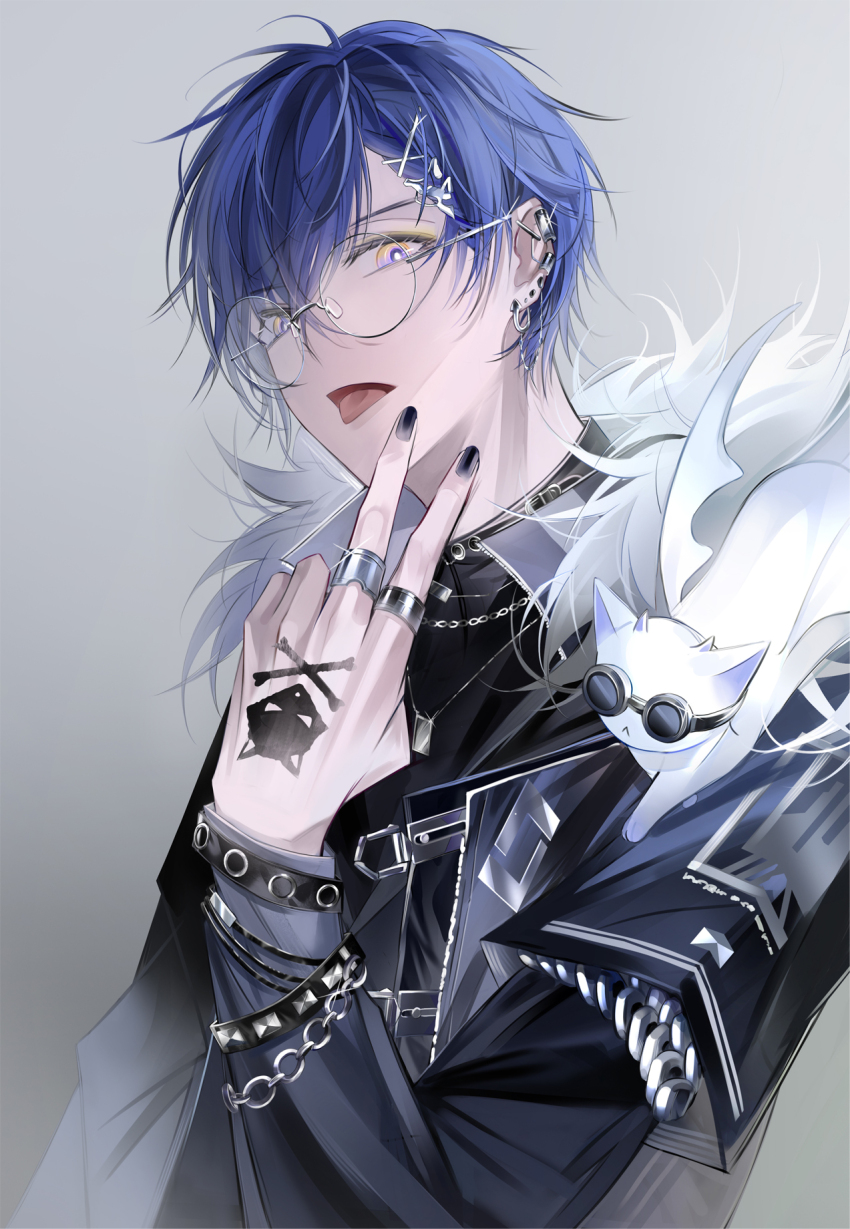 1boy, animal, animal_on_shoulder, black_jacket, black_nails, blue_hair, cat, cat_on_shoulder, chain, chain_bracelet, fur_trim, glasses, grey_background, hair_ornament, hairclip, hand_tattoo, highres, jacket, jewelry, koyanagi_rou, koyanagi_rou_(2nd_costume), long_sleeves, looking_at_viewer, male_focus, multiple_piercings, multiple_rings, nail_polish, nijisanji, open_mouth, otomo_(koyanagi_rou), parted_bangs, piercing, ring, round_eyewear, sanse_(sssei_33), short_hair, solo, tattoo, tongue, tongue_out, upper_body, v, virtual_youtuber, white_cat, yellow_eyes
