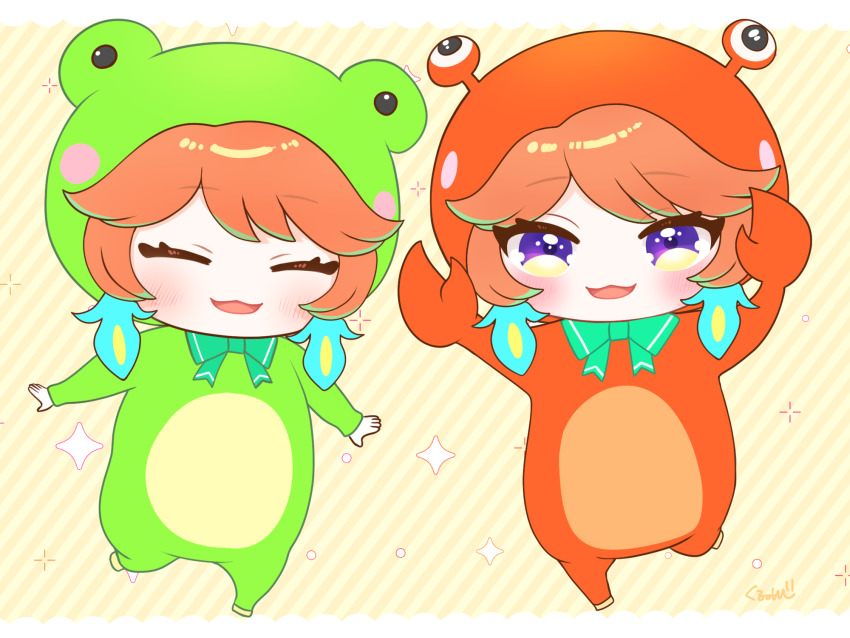 2girls, :3, animal_costume, arms_up, blush, bow, bowtie, chibi, closed_eyes, crab_costume, crabbywawa, dual_persona, earrings, eyelashes, feather_earrings, feathers, frog_costume, frogiwawa, full_body, green_bow, green_bowtie, highres, hololive, hololive_english, jewelry, multiple_girls, open_mouth, orange_hair, purple_eyes, signature, smile, standing, standing_on_one_leg, suzuri_ishi, takanashi_kiara, virtual_youtuber