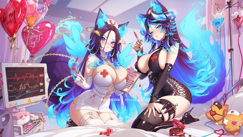 1girl, animal_ears, balloon, bed, black_boots, black_hat, black_nails, black_sleeves