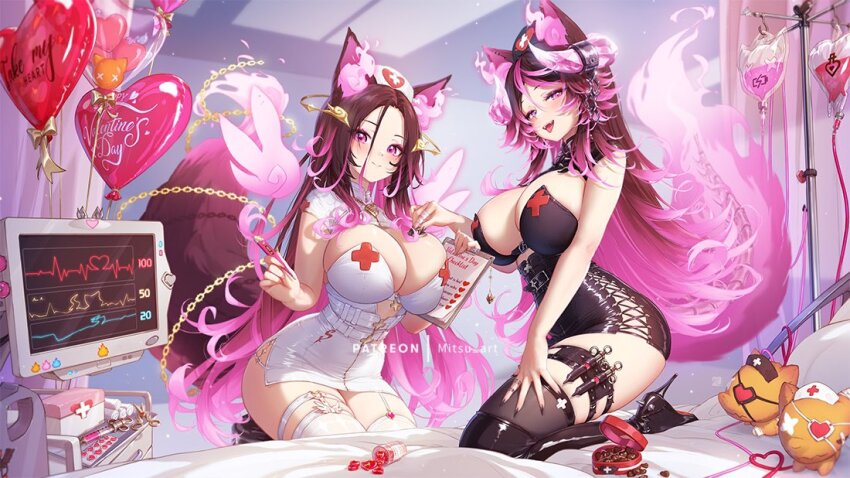 1girl, animal_ears, balloon, bed, black_boots, black_hat, black_nails, boots