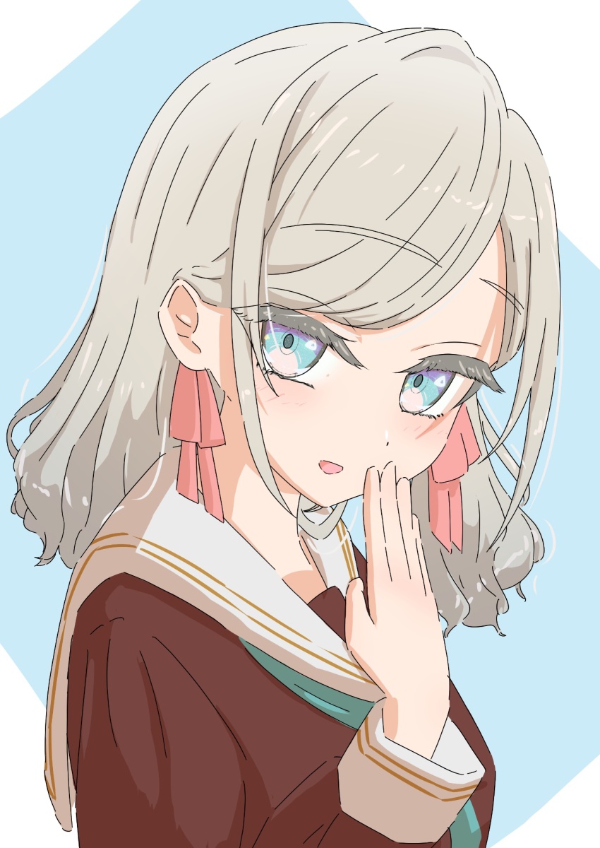 1girl, :d, aqua_neckerchief, blue_background, blue_eyes, breasts, brown_dress, ceras_yanagida_lilienfeld