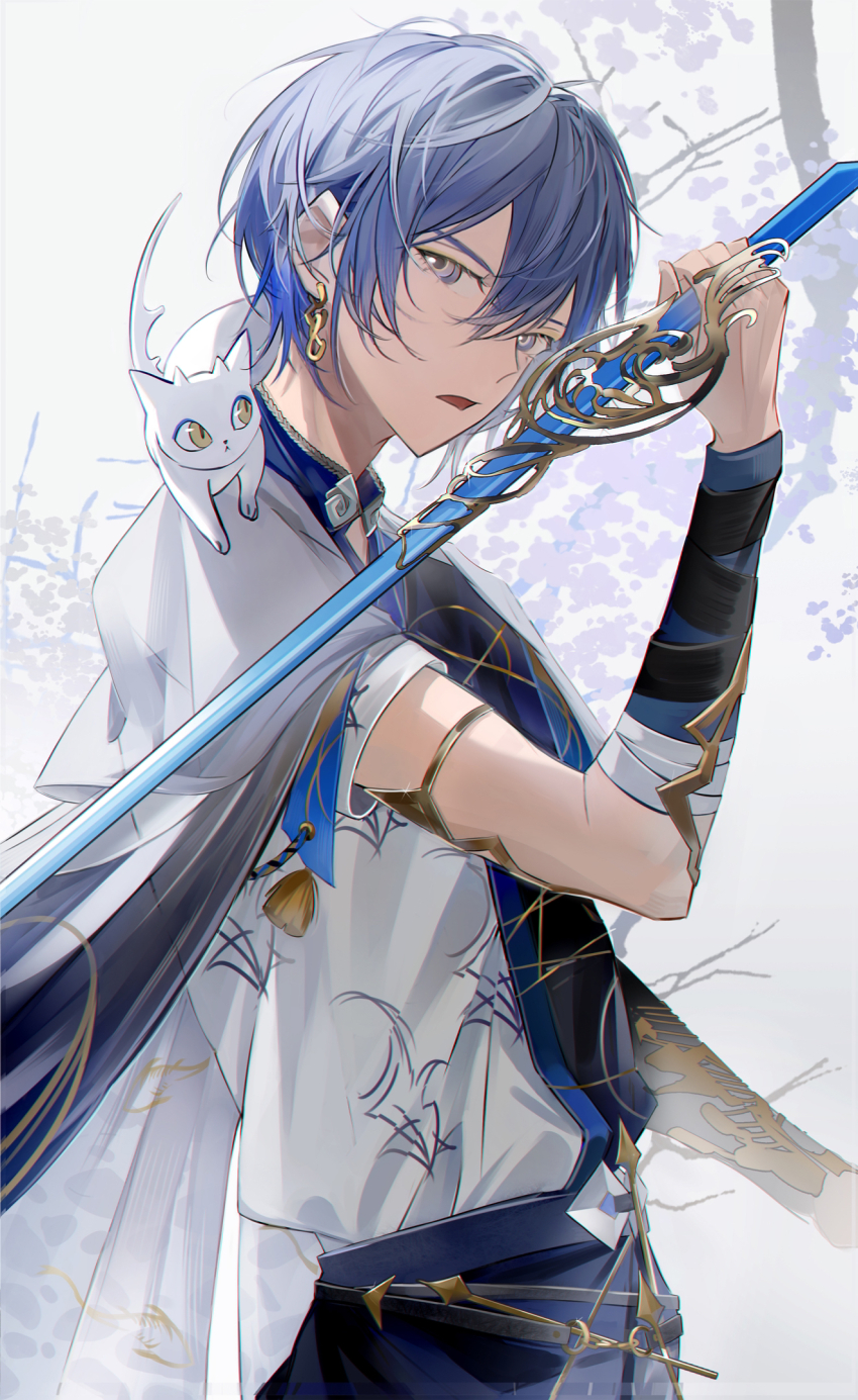 1boy, animal, animal_on_shoulder, arm_guards, blue_eyes, blue_hair, cat, cat_on_shoulder