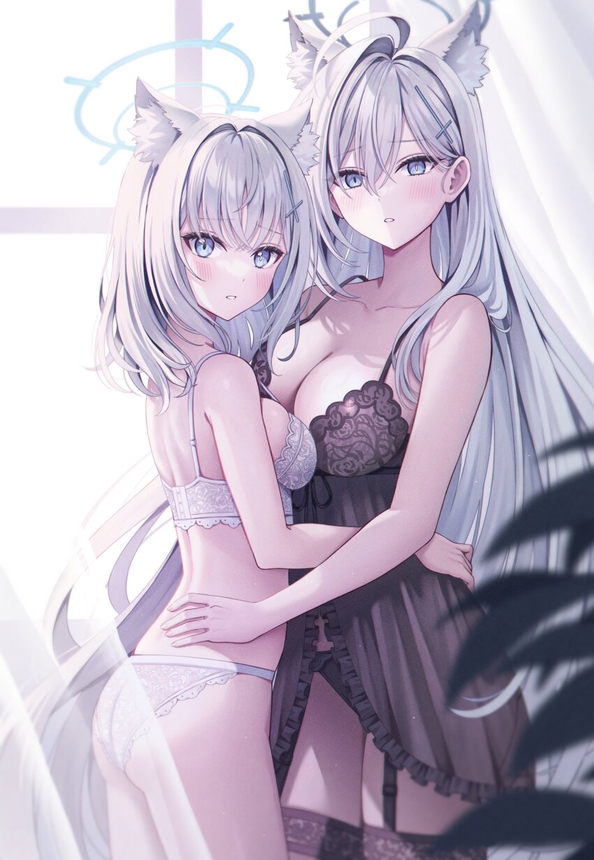 2girls, absurdres, ahoge, animal_ear_fluff, animal_ears, ass, babydoll, black_babydoll