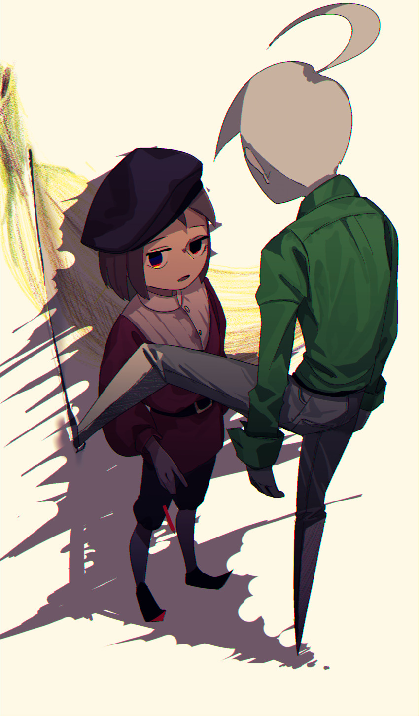 2boys, absurdres, against_wall, ahoge, belt, belt_buckle, beret, black_belt, black_hair, black_pants, black_shoes, boots, brown_hair, buckle, buttons, collared_shirt, colored_pencils_(paper_mario), colored_skin, dress_shirt, from_behind, full_body, green_shirt, grey_boots, grey_pants, hat, height_difference, high_collar, highres, kabedon, knee_boots, leg_up, long_sleeves, looking_at_another, male_focus, mario_(series), multicolored_eyes, multiple_boys, mumumu57hiro, nintendo, open_mouth, pants, paper_mario, paper_mario:_the_origami_king, personification, puffy_long_sleeves, puffy_sleeves, red_tunic, scissors_(paper_mario), shadow, shirt, shoes, short_hair, sleeve_cuffs, standing, tunic, white_background, white_hair, white_shirt, white_skin