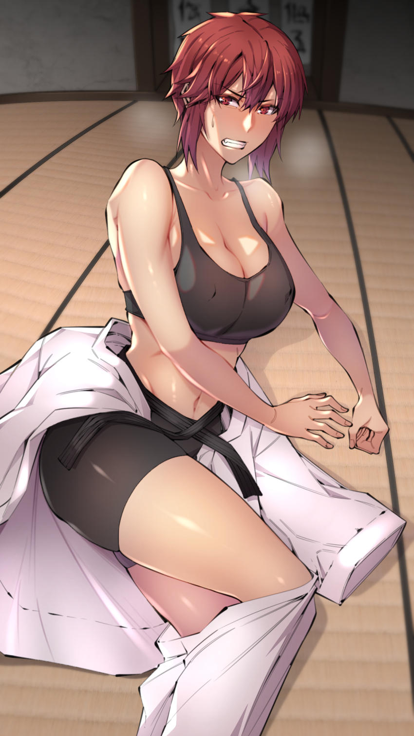 1girl, absurdres, aizawa_tomo, bare_shoulders, black_shorts, black_sports_bra, breasts, cleavage, clenched_hand, clenched_teeth, collarbone, commentary, covered_erect_nipples, dougi, fang, feet_out_of_frame, highres, indoors, kimono_around_waist, large_breasts, looking_at_viewer, lying, mixed-language_commentary, navel, on_floor, on_side, red_eyes, red_hair, short_hair, shorts, simond_j, solo, sports_bra, sweat, tatami, teeth, thighs, tomo-chan_wa_onna_no_ko