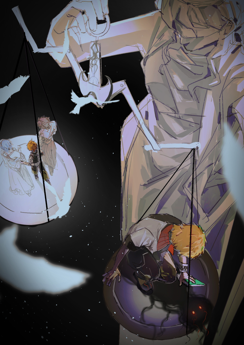 1girl, 3boys, aqua_(kingdom_hearts), bird, blonde_hair, checkered_wristband, dark, darkness