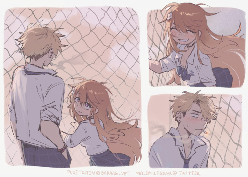 1boy, 1girl, black_choker, blonde_hair, blue_necktie, blue_skirt, blush, body_markings