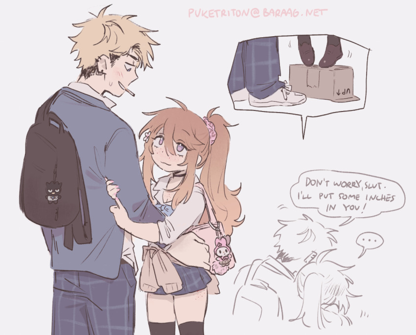 ..., 1boy, 1girl, backpack, bag, bag_charm, baraag_username, black_choker, black_shoes, black_thighhighs, blonde_hair, blue_skirt, body_freckles, box, cardboard_box, charm_(object), choker, cigarette, clothes_around_waist, commentary, degrees_of_lewdity, english_commentary, english_text, flower, freckles, hair_between_eyes, hair_flower, hair_ornament, hair_scrunchie, height_difference, hetero, multiple_views, pants, player_character_(degrees_of_lewdity), player_character_(female)_(degrees_of_lewdity), ponytail, scrunchie, shirt, shoes, shorts, simple_background, skirt, sneakers, spoken_ellipsis, thighhighs, tiptoes, tnso, white_shirt, white_shorts, whitney_(degrees_of_lewdity), whitney_(male)_(degrees_of_lewdity)