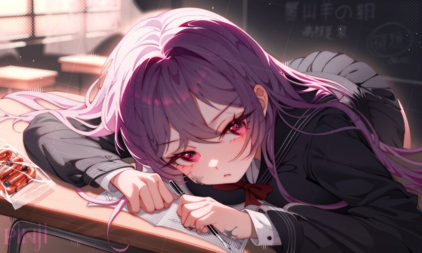 1girl, artist_name, bent_over, black_sailor_collar, black_shirt, black_skirt, book, bow