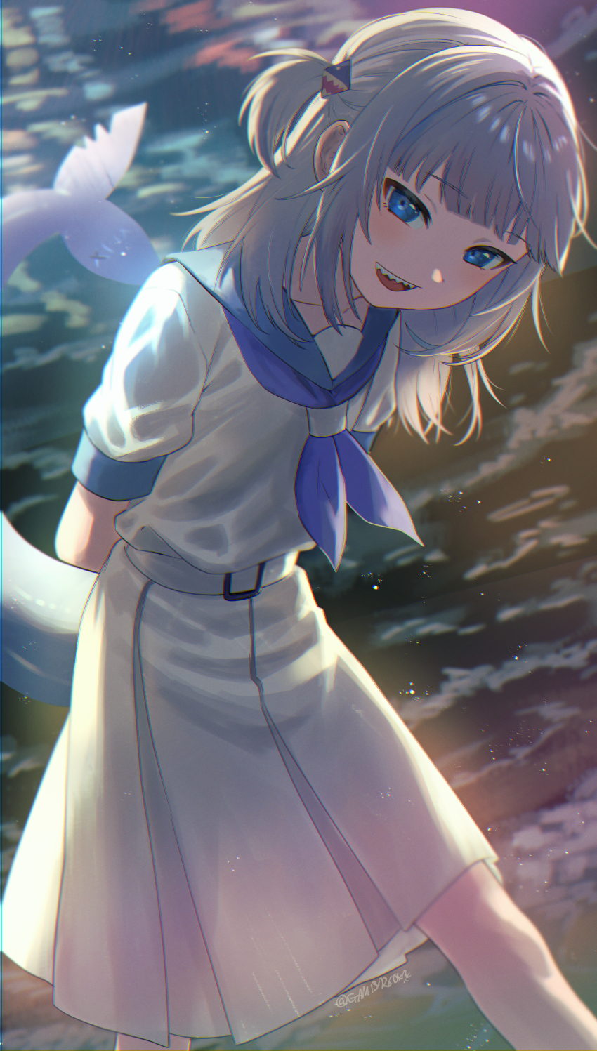 1girl, absurdres, alternate_costume, arms_behind_back, beach, belt, belt_buckle, blue_eyes