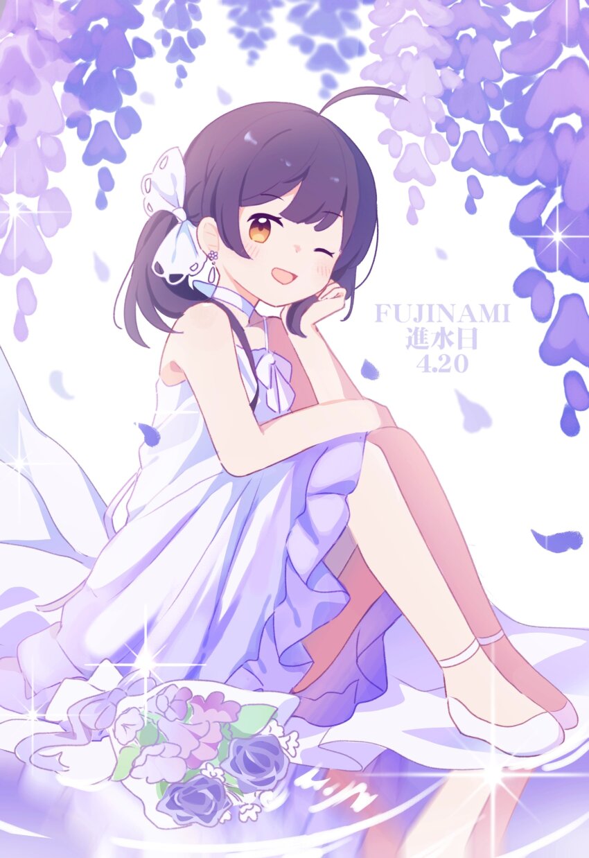 1girl, absurdres, akaruku, alternate_costume, birthday, bouquet, character_name, choker, commentary, dress, earrings, flower, fujinami_(kancolle), hair_ribbon, highres, jewelry, kantai_collection, looking_at_viewer, one_eye_closed, open_mouth, orange_eyes, petals, ponytail, purple_dress, purple_flower, purple_hair, ribbon, shoes, sitting, sleeveless, sleeveless_dress, solo, sparkle, untranslatable_commentary, white_choker, white_dress, white_ribbon, white_shoes