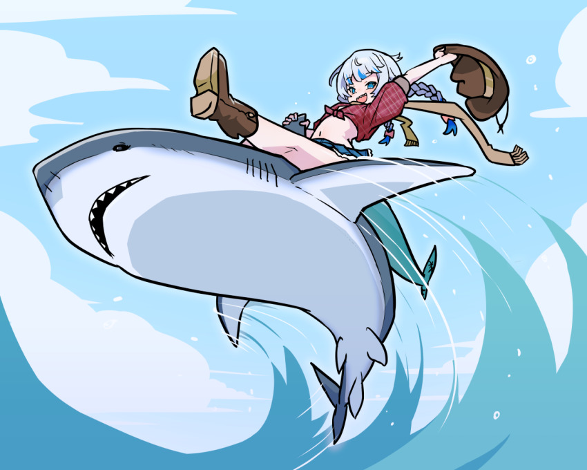 1girl, alternate_costume, blue_eyes, blue_hair, blue_skirt, blue_sky, boots, braid